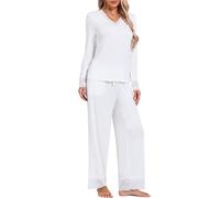 softconnection® Ladies Lace Pyjamas Set, Long Sleeve Viscose PJs for Women | Lace-trim V-neck, cuffs & hems | Ultra-fine viscose-spandex with gentle stretch | Wide-leg trousers, drawstring waist