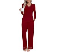 softconnection Women’s Loungewear Set Viscose Spandex Long Sleeve Pyjama Set with Lace Trim & Pockets - Ultra Soft, Breathable (UK, Alpha, XXL, Regular, Regular, Merlot)
