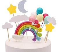 SoftcuteLee Cake Topper Kit Handmade Rainbow Cake Topper Cloud Balloon Moon Star Decoration Colorful Happy Birthday for Theme Party Baby Boy Girl Kid Birthday Party Decoration 12 Pieces(Multi-color)