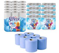 Softesse Cuddle Mega Tissue Rolls Bundle Set - 45 Luxury 3-Ply Toilet Rolls, 24 Kitchen Rolls, 6 Multipurpose Blue Rolls - Bulk Buy Savings, Ultra-Soft, Durable, Eco-Friendly Design