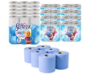Softesse Cuddle Mega Tissue Rolls Bundle Set - 45 Luxury 3-Ply Toilet Rolls, 24 Kitchen Rolls, 6 Multipurpose Blue Rolls - Bulk Buy Savings, Ultra-Soft, Durable, Eco-Friendly Design
