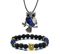 Softones Owl Necklace Healing Crystals Necklace for Women Men Reiki Spiritual Energy Gemstone Necklace Lava Owl Bracelet Set Gifts for Women with Gift Box, lapis lazuli Stone