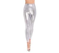 SOFTSAIL Women’s Faux Leather Leggings High Waist Slimming Wet Look Skinny Trousers Shiny Leggings Skinny Pants Party Halloween Disco Costume Full Length Wet Look Latex Leggings, Silver 3XL