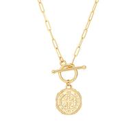 SOFYBJA Saint Benedict Necklace Drop 18K Gold Toggle Medallion Coin Cross Pendant Necklaces Religious Jewelry Catholic Gift for Women, Metal, Turquoise