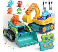 SOGAWEBB Toy for 1 2 3 Year Old Boys Gifts, Remote Control Digger Dinosaur Toys for Boys, 2 Pack Construction Toddler Baby Kids Toys RC Car Truck with Music & Sound