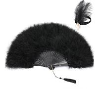SOGUGOM Black Hand Feather Fan with Headpiece | Renaissance Fan for Party, Great Gatsby, Harlem Nights, Burlesque Accessories