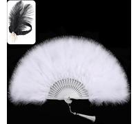 SOGUGOM White Hand Feather Fan with Headpiece | Renaissance Fan for Party, Great Gatsby, Harlem Nights, Burlesque Accessories
