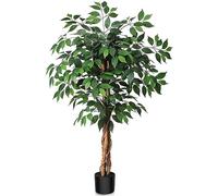 SOGUYI 120cm Artificial Ficus Tree with Natural Wood Trunk, Silk Fake Ficus Tree in Plastic Nursery Pot, Faux Plant for Office Home, Indoor Outdoor Decor, 1 Pack