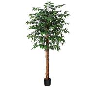 SOGUYI 150cm Artificial Ficus Tree with Natural Wood Trunk, Silk Fake Ficus Tree in Plastic Nursery Pot, Faux Plant for Office Home, Indoor Outdoor Decor, 1 Pack