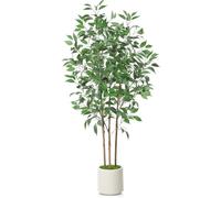 SOGUYI Artificial Ficus Tree 150cm Tall for Home Decor Indoor - Faux Silk Plant in White Imitation Ceramic Planter With Green Moss, Set of 1