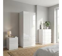Soho 2 Door Wardrobe, 4 Drawer Chest & Bedside Table Bedroom Set White High Gloss