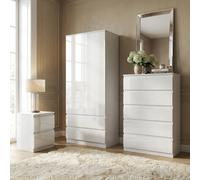Soho 2 Door Wardrobe, 5 Drawer Chest & Bedside Table Bedroom Set White High Gloss