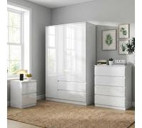 Soho 3 Door Wardrobe, 4 Drawer Chest & Bedside Table Bedroom Set White High Gloss
