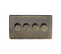 Soho Lighting Antique Brass 4 Gang 2 Way Trailing Edge Dimmer Light Switch Screwless 100W LED (250w Halogen/Incandescent)