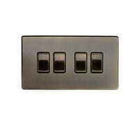 Soho Lighting Antique Brass 4 Gang Intermediate Light Switch Black Insert Screwless