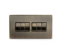 Soho Lighting Antique Brass 6 Gang 2 Way 10A Light Switch Blk Ins Screwless