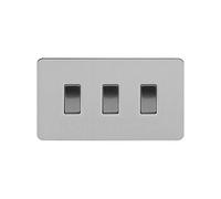 Soho Lighting Brushed Chrome Flat Plate 10A 3 Gang Light Switch on Double Plate 2 Way White Insert Screwless