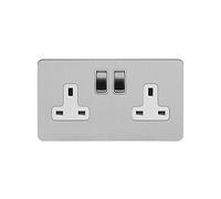 Soho Lighting Brushed Chrome Flat Plate 13A 2 Gang Switched Plug Socket Double Pole Wht Ins Screwless