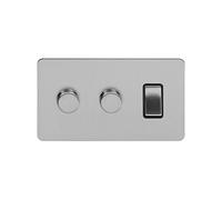 Soho Lighting Brushed Chrome Flat Plate 3 Gang Light Switch with 2 Dimmers (1x2 Way Light Switch with 2x Trailing Edge Dimmer) Blk Ins Screwless