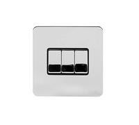 Soho Lighting Polished Chrome Flat Plate 10A 3 Gang Intermediate Light Switch Black Insert Screwless