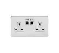 Soho Lighting Polished Chrome Flat Plate 13A 2 Gang Switched Plug Socket, Double Pole Wht Ins Screwless