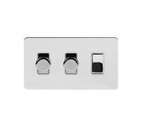 Soho Lighting Polished Chrome Flat Plate 3 Gang Light Switch with 2 Dimmers (1x2 Way Light Switch with 2x Trailing Edge Dimmer) Wht Ins Screwless
