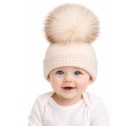 SOHOBABY™ British Made Soft Stretchy Stripped Design Single Pom Plain Baby Boy Baby Girl Hat (UK, Age, 0 Months, 3 Months, White/Camel)
