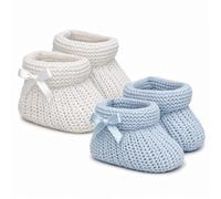 SOHOBABY Spanish Style Adorable Satin Bow Baby Booties Pack Of TWO (2 Pairs) - Soft, Warm & Safe Slippers for Newborn Boys & Girls (White and Blue (0-3 months))