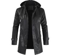Sohodoo Mens Leather Jacket 3/4 Length Faux Leather Fur Coat Warm Winter Long PU Leather Jacket Lined Duster Trench Coat (Color : Black, Size : L)