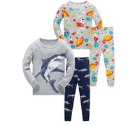SOIBEEN Boys Pyjama Set Long Sleeve Pajamas Sharks Rockets Print 4-Piece PJs for Kids Sleepwear Pyjama Nightwear 5 Years
