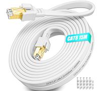 Soibke Ethernet Cable 15m Cat 8, High Speed 15m Internet Cable Long Lan Network Cable Flat Outdoor Indoor 40Gbps 2000MHz Wifi Cable 15 Meter Gigabit White RJ45 Patch Cord for Router Modem Switch