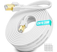 Soibke Ethernet Cable 20m, Cat 8 High Speed Internet Cable Flat Long Shielded Network Cable Outdoor Indoor - 40Gbps 2000MHz - RJ45 Gigabit White Patch Cord for Data Center, Modem, Switch