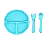 SOIDMHP Stay Put Divided Plates, Kids Divided Plate Set, Baby & Toddler Plate with Compartments, with a Pair of Fork and Spoon, Baby Weaning Plate, BPA-Free Unbreakable Plates, Blue