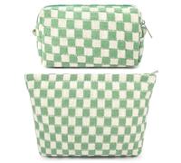 SOIDRAM 2 Pieces Makeup Bag Large Checkered Cosmetic Bag Capacity Canvas Mix Travel Toiletry Bag Organizer Cute Makeup Brushes Aesthetic Accessories Storage Bag for Women, Light green, Checkered Light
