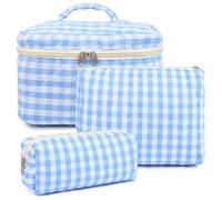 SOIDRAM Large Makeup Bag Quilted Makeup Bags Set Cute Cosmetic Bag for Women Girls Floral Coquette Aesthetic Toiletry Bag Travel Make Up Organizer Pink Skincare Bag, 3pcs-Blue Plaid, 3pcs-blue Plaid