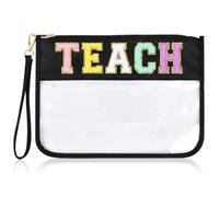 SOIDRAM Teacher Makeup Bag Teacher Appreciation Gifts Chenille Letter Pouch Boho Patch Travel Cosmetic Toiletry Zipper Bag for Women Waterproof Organizer Graduation Retirement Survival Kit