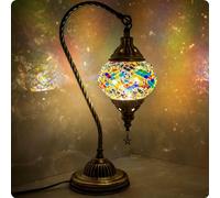 Soilsiu Turkish Moroccan Lamp with Bronze Base 3 Brightness Options Handmade Swan Neck Tiffany Mosaic Glass Bedside Lamps for Bedroom, LED Bulb Included (Colorful)