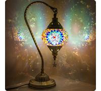 Soilsiu Turkish Moroccan Lamp with Bronze Base 3 Brightness Options Handmade Swan Neck Tiffany Mosaic Glass Bedside Lamps for Bedroom, LED Bulb Included (Blue1)