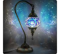 Soilsiu Turkish Moroccan Lamp with Bronze Base 3 Brightness Options Handmade Swan Neck Tiffany Mosaic Glass Bedside Lamps for Bedroom, LED Bulb Included (Blue2)