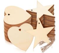 SOIMISS 100pcs Wooden Tags Decorative Wood Cutout Blank Design Multi-use Wood Labels with Holes and Strings Lovely Five Pointed Star and Heart Shapes for Christmas Decorations