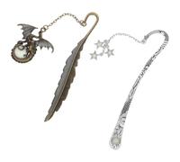 SOIMISS 2pcs Vintage Style Glow in The Dark Metal Quill Bookmarks with Dragon and Moon Star Charms, Creative Iron Reading Accessories for Book Lovers and Night Reading