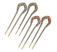 SOIMISS 4pcs Vintage U-shaped Hair Stick Pin with Sparkling Rhinestone and Peach Blossom Design, Alloy Retro Hair Accessory for Women, for Secure Updo Styling at Formal Occasions