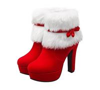 SOIMISS Christmas Winter Platform Ankle Boots for Women High Heel Short Boot Plush Lining Bowknot Side Zipper Waterproof Red Rubber Sole Autumn/Winter