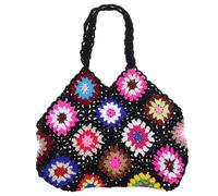 SOIMISS Floral Pattern Crocheted Tote Bag and Woven Handbag Canvas Lightweight Summer Shoulder Bag for Women Outdoor Casual Use Black