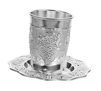 SOIMISS Kiddush Cup Set with Engraved Zinc Alloy Tray Elevated High-stemmed Goblet Design for Jewish Holidays Shabbat Passover Ceremonial Blessing Wine Glass