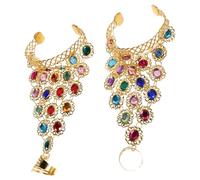 SOIMISS Rhinestone Belly Dancer Bracelets with Hand Chain and Ring Tarnish-resistant Metal Cuff Bangle for Women Comfortable Fit Ethnic Dance Jewelry for Performances Weddings Festivals