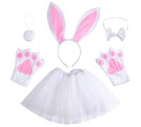 SOIMISS White Plush Bunny Ears Headband Set with Tutu Skirt, Bow Tie, Tail and Palm Gloves for Easter Costume Accessories and Themed Birthday Parties