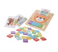 SOIMISS Wooden Alphabet for Cognitive Spelling with Cartoon Word Cards Smooth Rounded Educational Puzzle for Early Brain Development and Fine Motor Skills