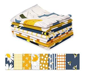 Soimoi 8 Pc Fat Quarter Bundle-Floral with Honey Bee Print 18"x 22" DIY Patchwork-100% Cotton Pre-Cut Quilting Fabric Blue-Mustard & White