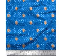 Soimoi Blue Silk Fabric Dot & Coffee Cup Kitchen Print Fabric by the metre 42 Inch Wide